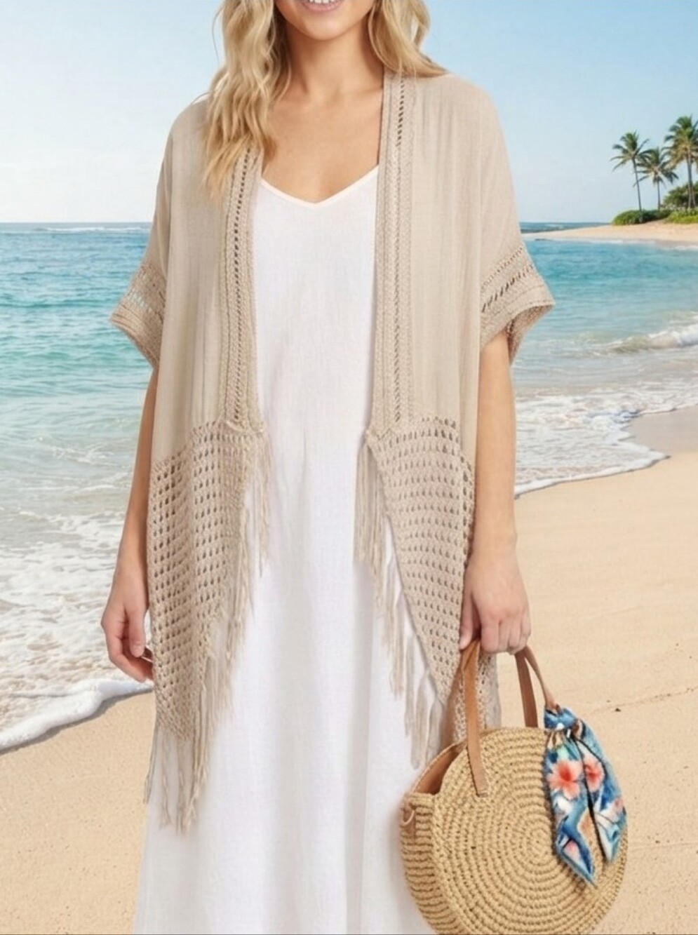 Miracle Boho Crochet Fringe Kimono Cream Cotton Open Front Festival Cover Up S/M